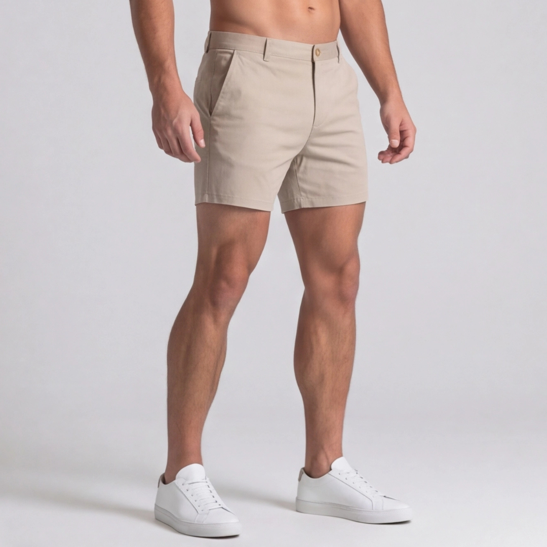 Shorts uomo beige visti di tre quarti, linea corta sopra il ginocchio con sneakers bianche