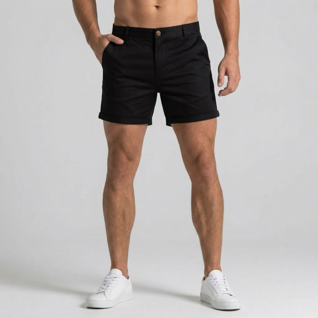 Shorts uomo neri corti con orlo risvoltato e vita media con passanti