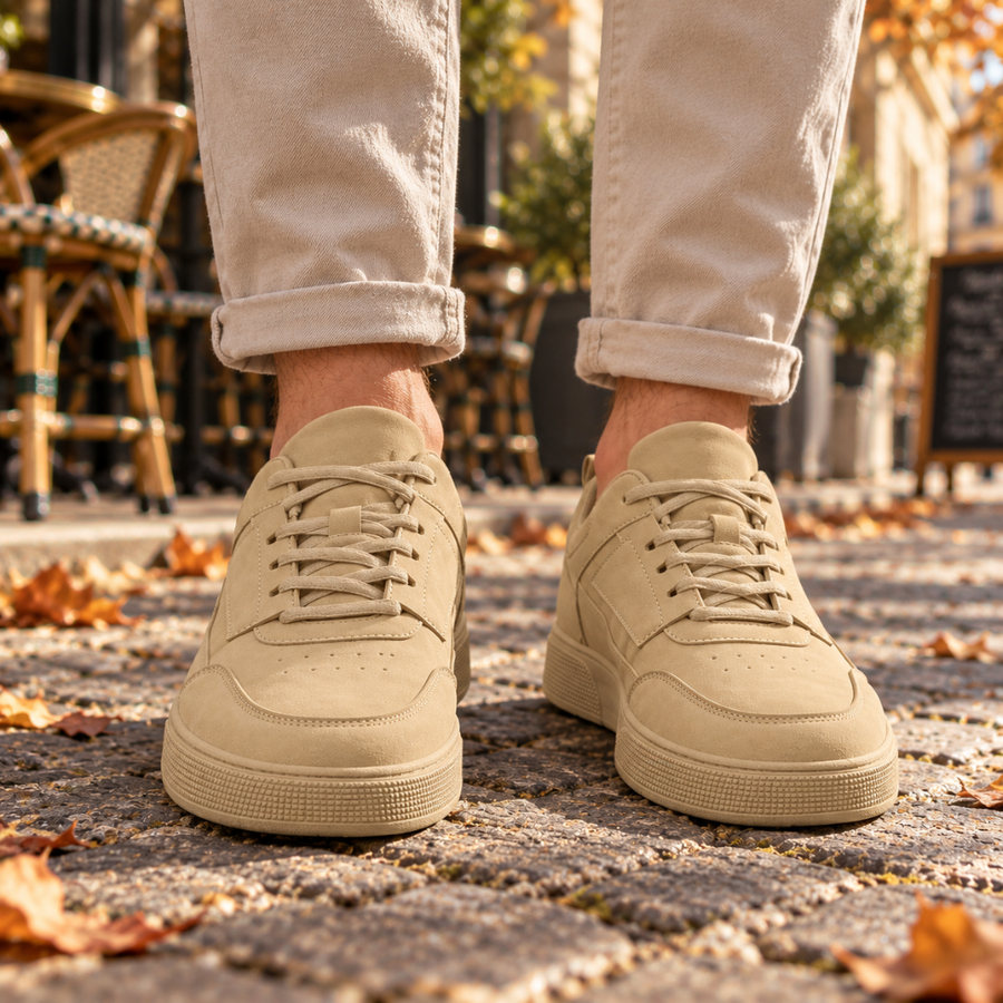 Sneakers uomo beige con lacci in tinta e fori di aerazione sulla punta
