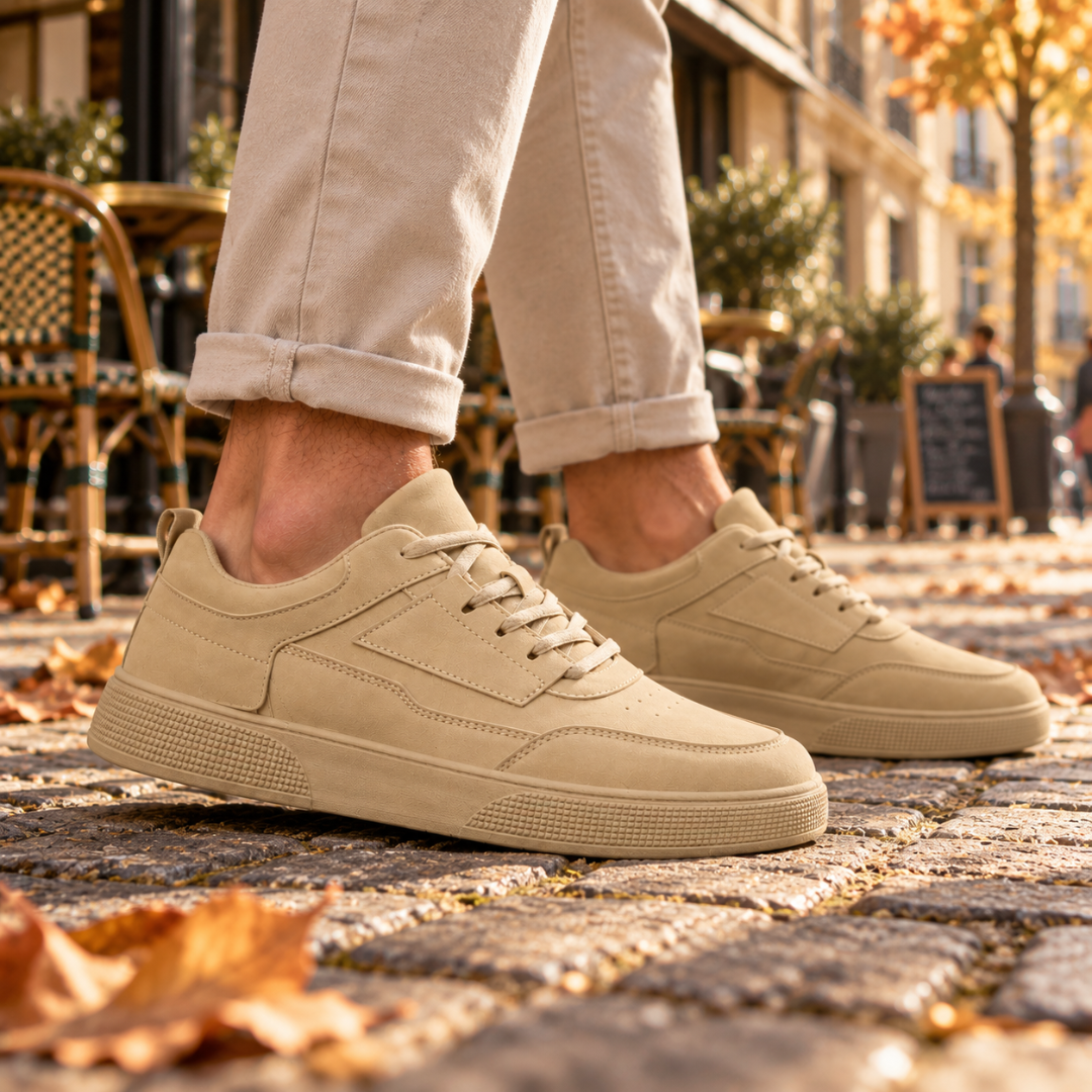Sneakers uomo beige viste di lato con inserto cucito e suola zigrinata
