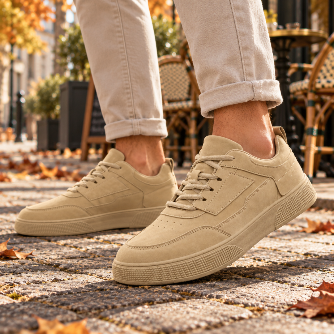 Sneakers beige da uomo in primo piano, allacciatura e cuciture laterali visibili
