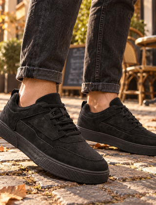 Sneakers uomo nere total black con inserti laterali cuciti e suola bassa