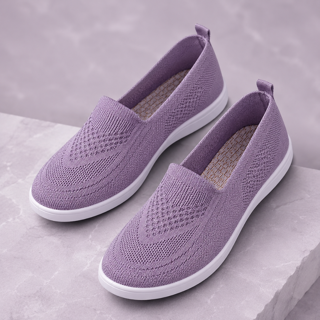 Sneakers donna lilla in maglia traforata senza lacci con punta tonda