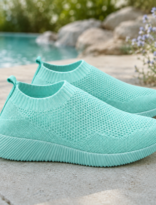 Sneakers donna turchese senza lacci con tomaia traforata e bordo a coste