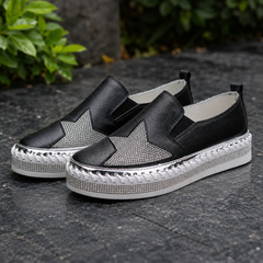 Sneakers donna nere slip-on con inserti elastici e stella brillante sul davanti