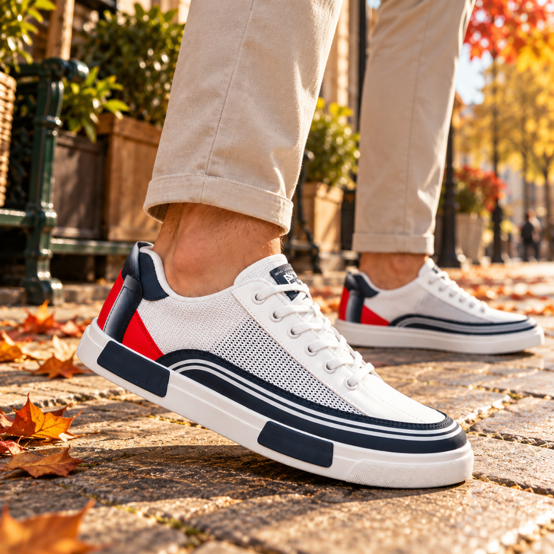 Sneakers uomo blu indossate, vista laterale con lacci bianchi e suola bassa