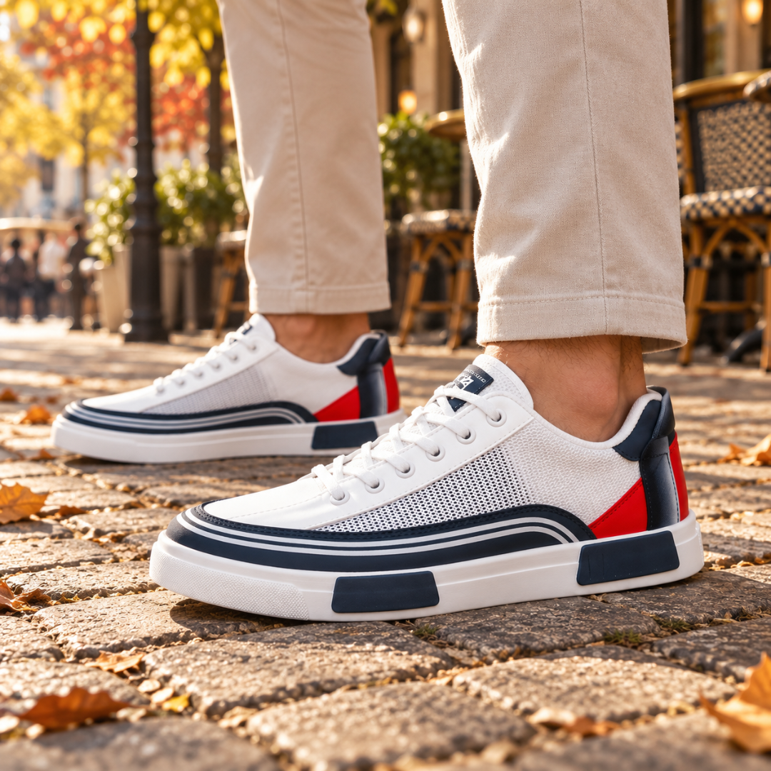 Sneakers uomo blu con tallone a blocchi di colore e righe laterali