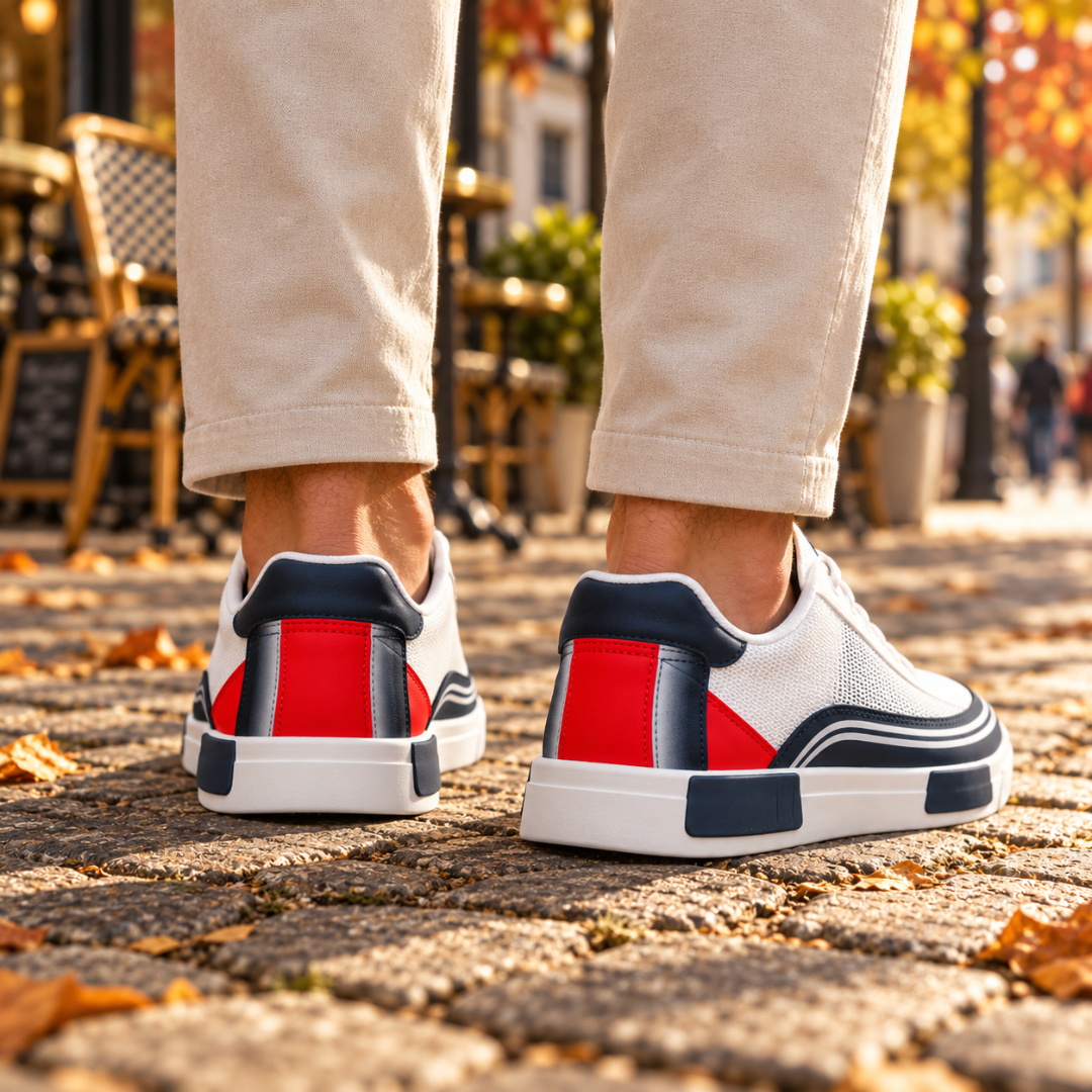 Retro delle sneakers uomo blu con tallone rosso e inserti sulla suola