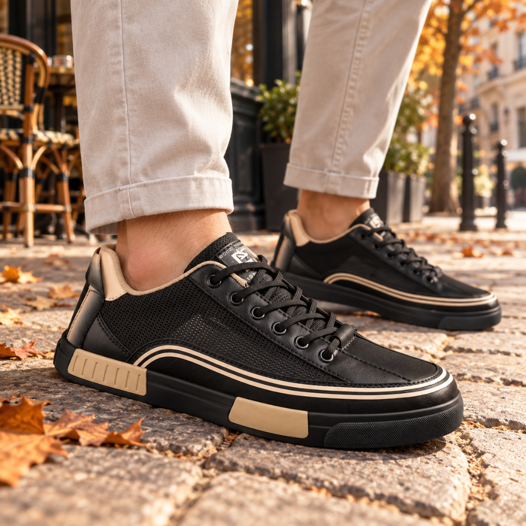 Sneakers uomo nere con righe beige a contrasto e inserti traforati
