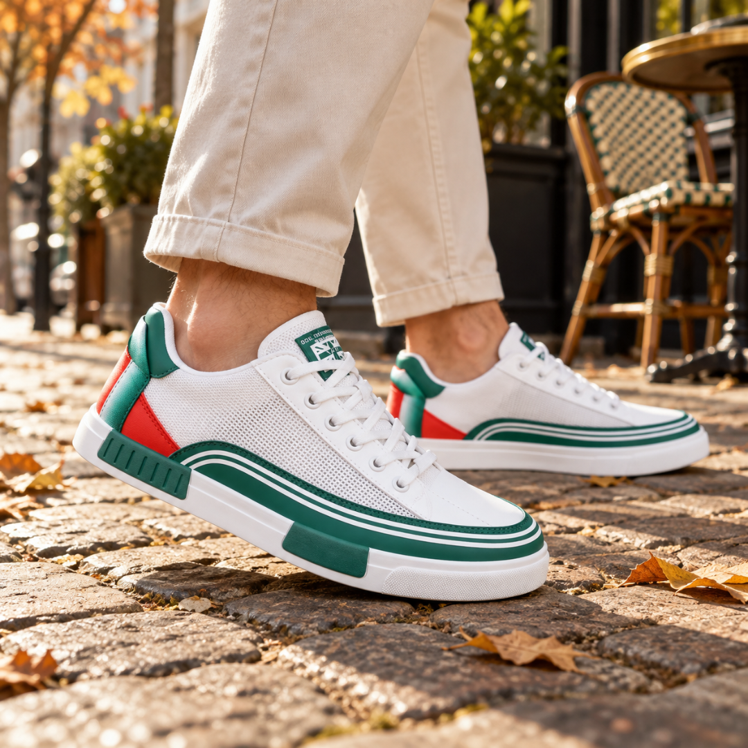 Sneakers uomo verdi e bianche con righe laterali e tomaia traforata