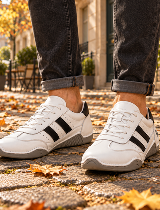 Sneakers uomo bianche con tre righe nere laterali e lacci bianchi