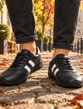 Sneakers uomo nere con tre righe bianche laterali e lacci neri