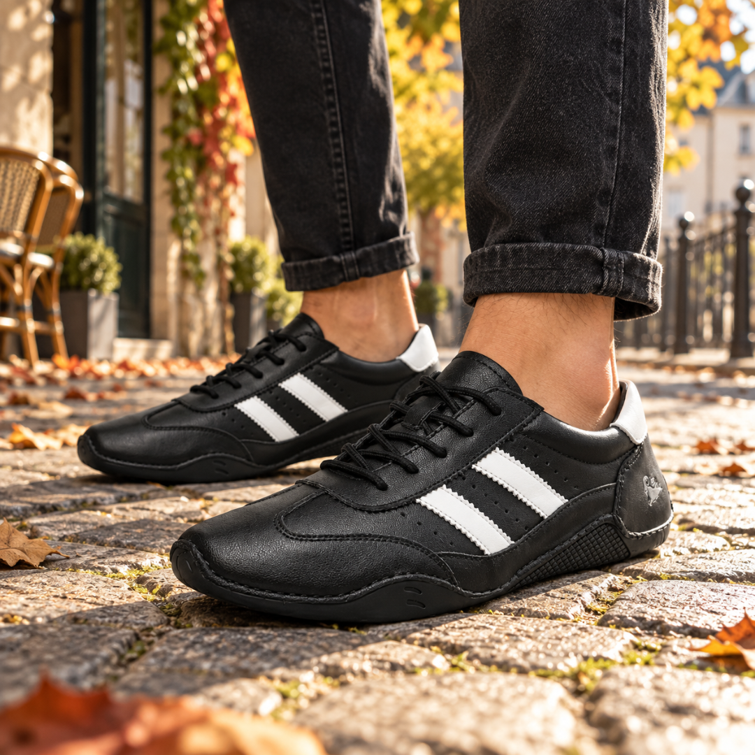 Sneakers uomo nere a punta tonda con righe bianche a contrasto