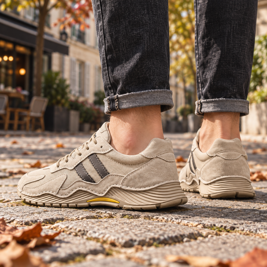 Sneakers beige da uomo viste di lato con dettaglio giallo sulla suola