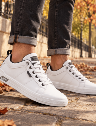 Sneakers uomo bianche con bordi grigi, lacci bianchi e suola bassa