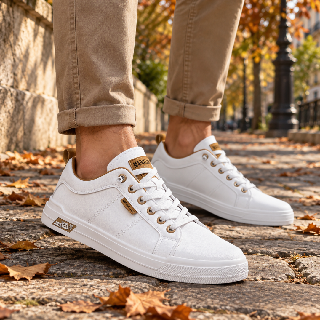 Sneakers uomo bianche con dettagli kaki sul colletto e occhielli metallici