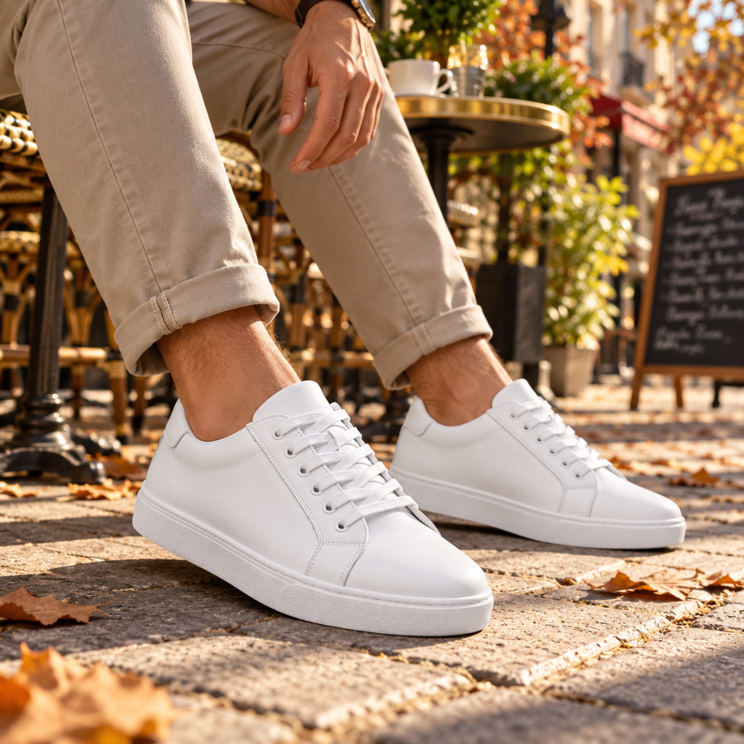 Sneakers uomo bianche basse con lacci in tinta e suola bianca, look pulito