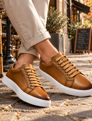 Sneakers uomo basse color caramello con lacci chiari e suola bianca, indossate in città