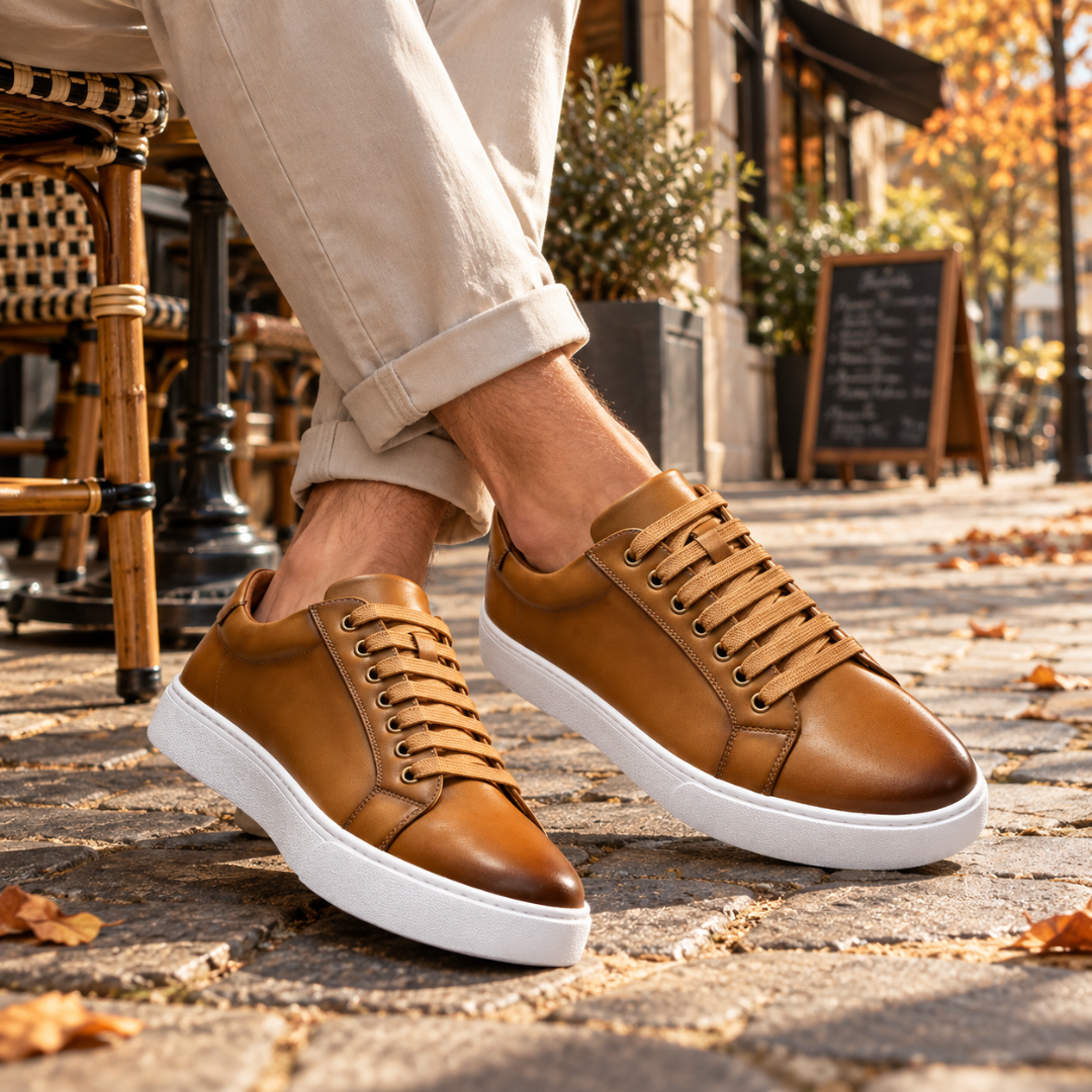 Sneakers uomo basse color caramello con lacci chiari e suola bianca, indossate in città