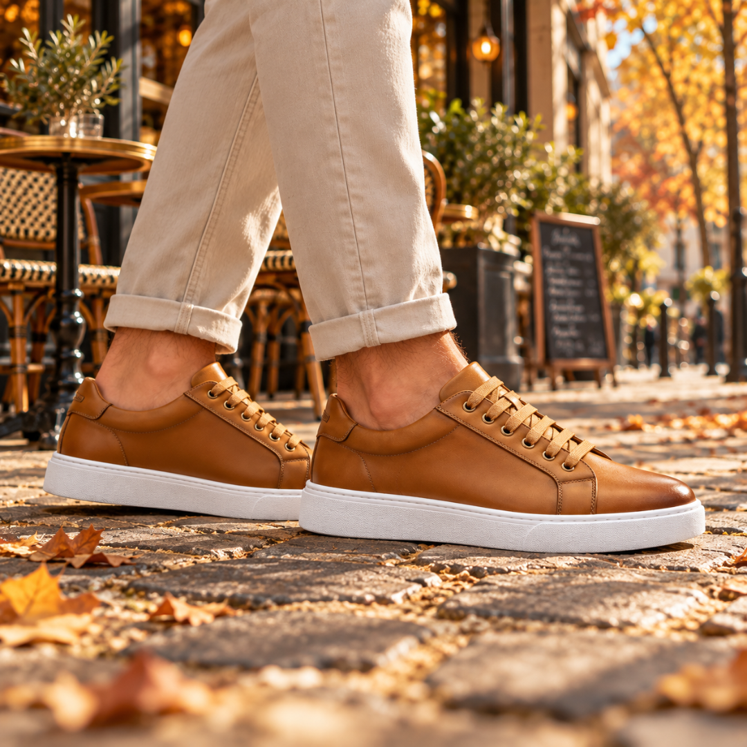 Sneakers uomo caramello viste di profilo, suola bianca e tomaia liscia effetto pelle