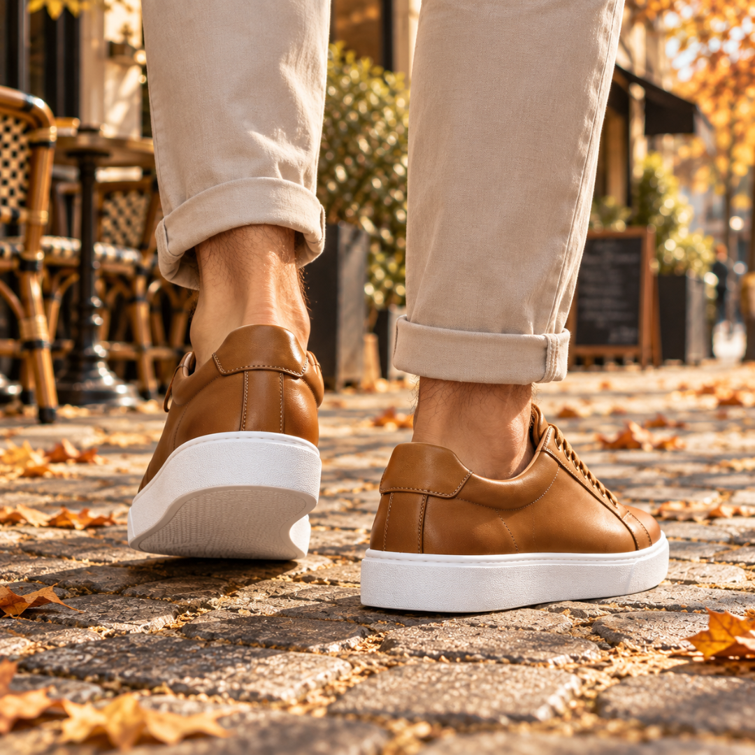 Retro delle sneakers uomo caramello con linguetta sul tallone e suola bianca
