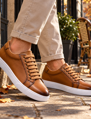 Sneakers uomo marroni con lacci chiari, cuciture a vista e suola bianca a contrasto