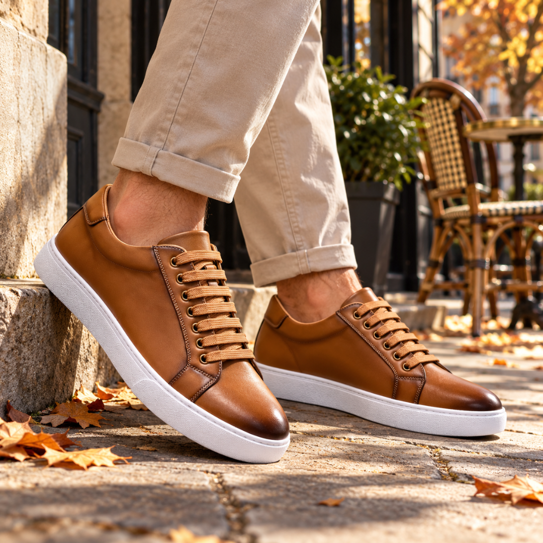 Sneakers uomo marroni con lacci chiari, cuciture a vista e suola bianca a contrasto