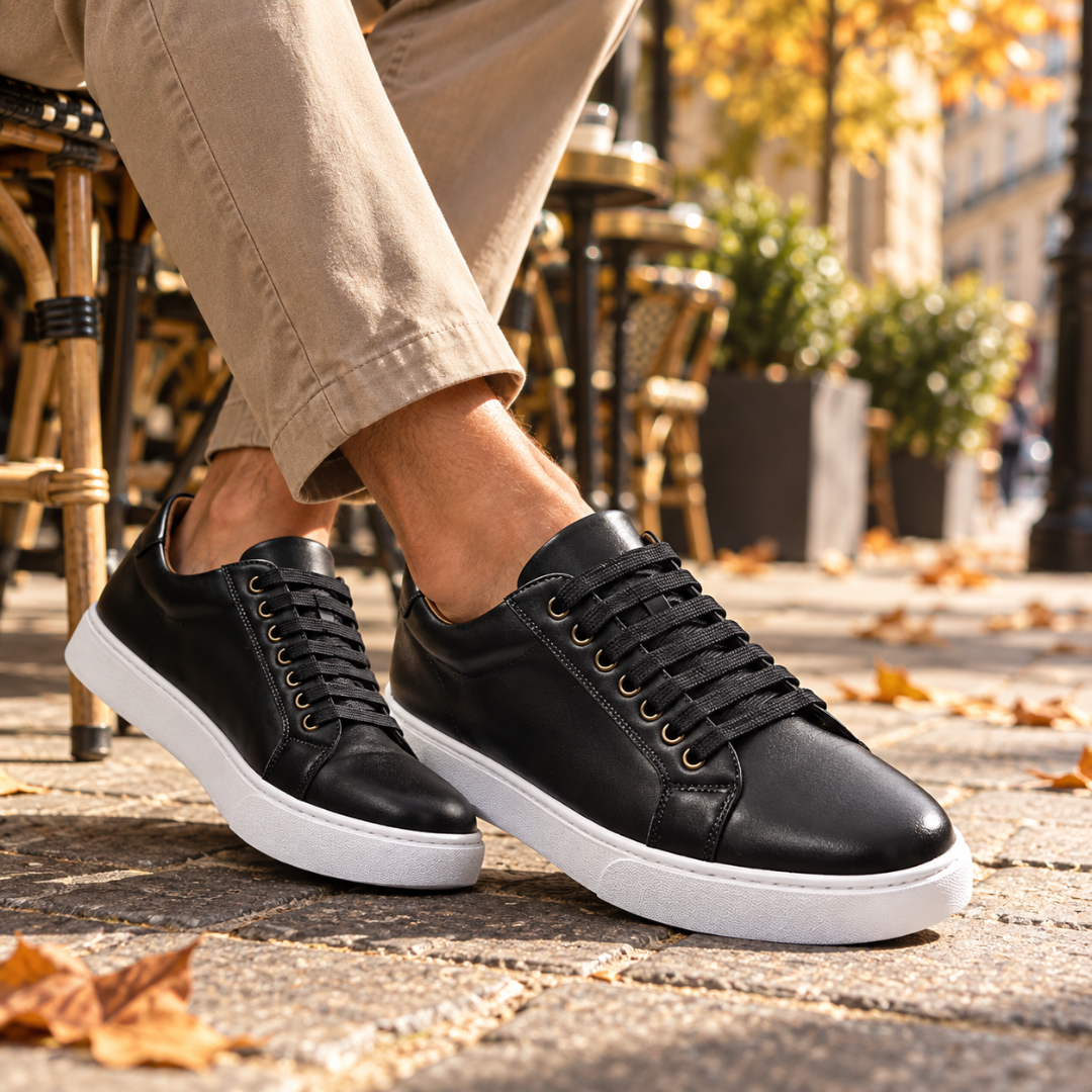 Sneakers uomo nere basse con lacci neri, occhielli metallici e suola bianca