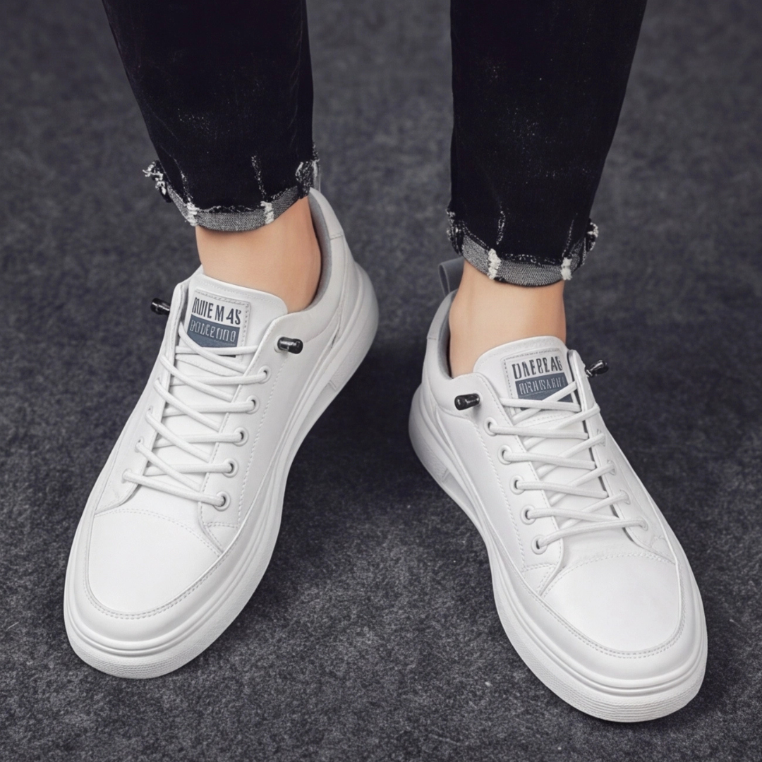 Sneakers uomo bianche viste dall'alto con lacci chiari e stopper regolabili