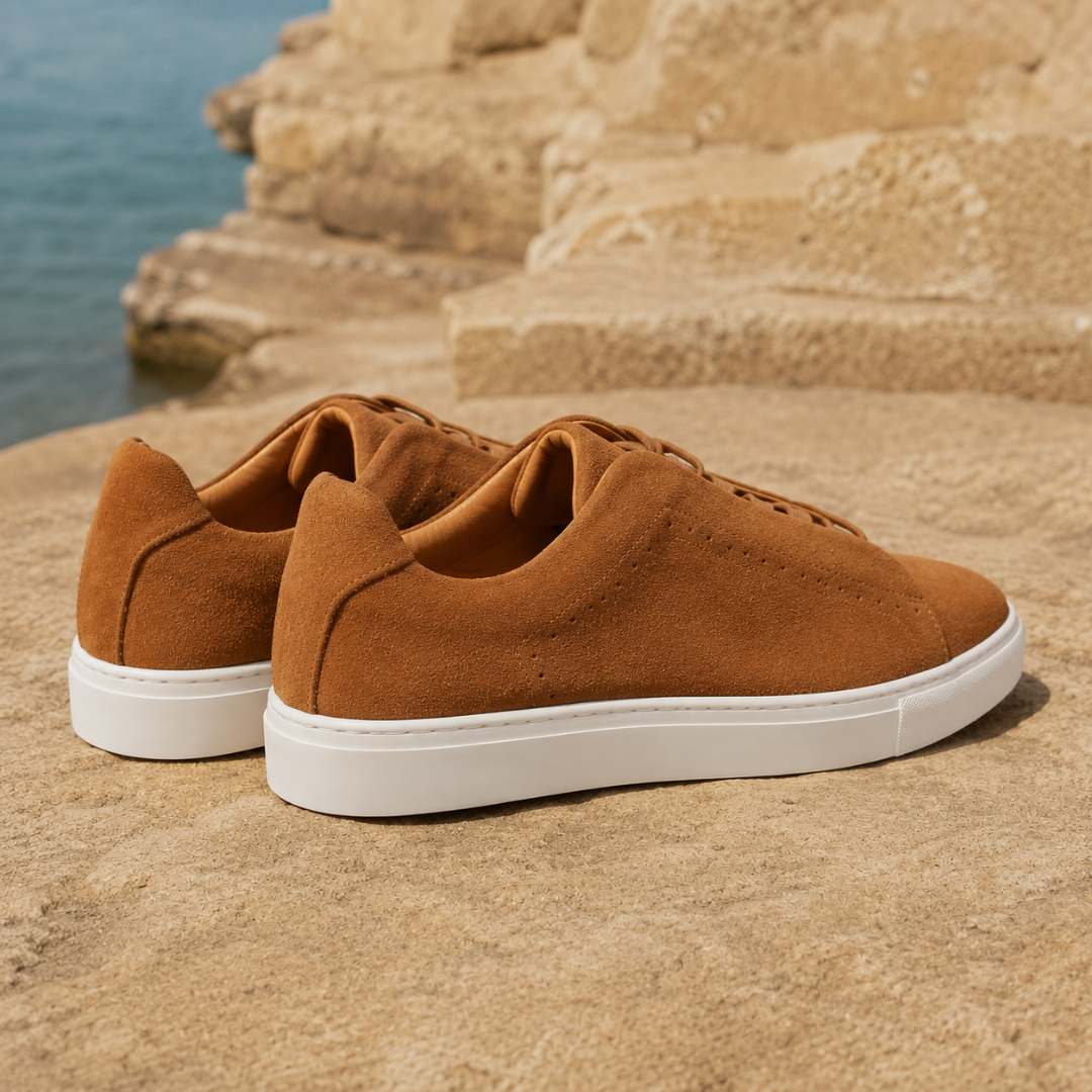 Vista posteriore delle sneakers uomo marrone chiaro con tallone arrotondato e suola bianca