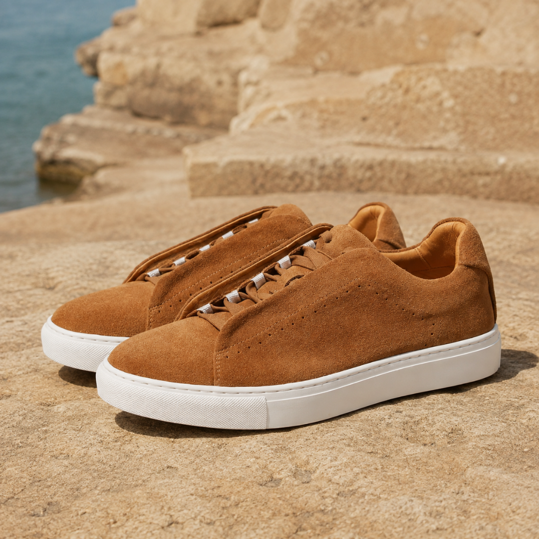 Sneakers uomo marrone chiaro di tre quarti con piccoli fori decorativi sul fianco