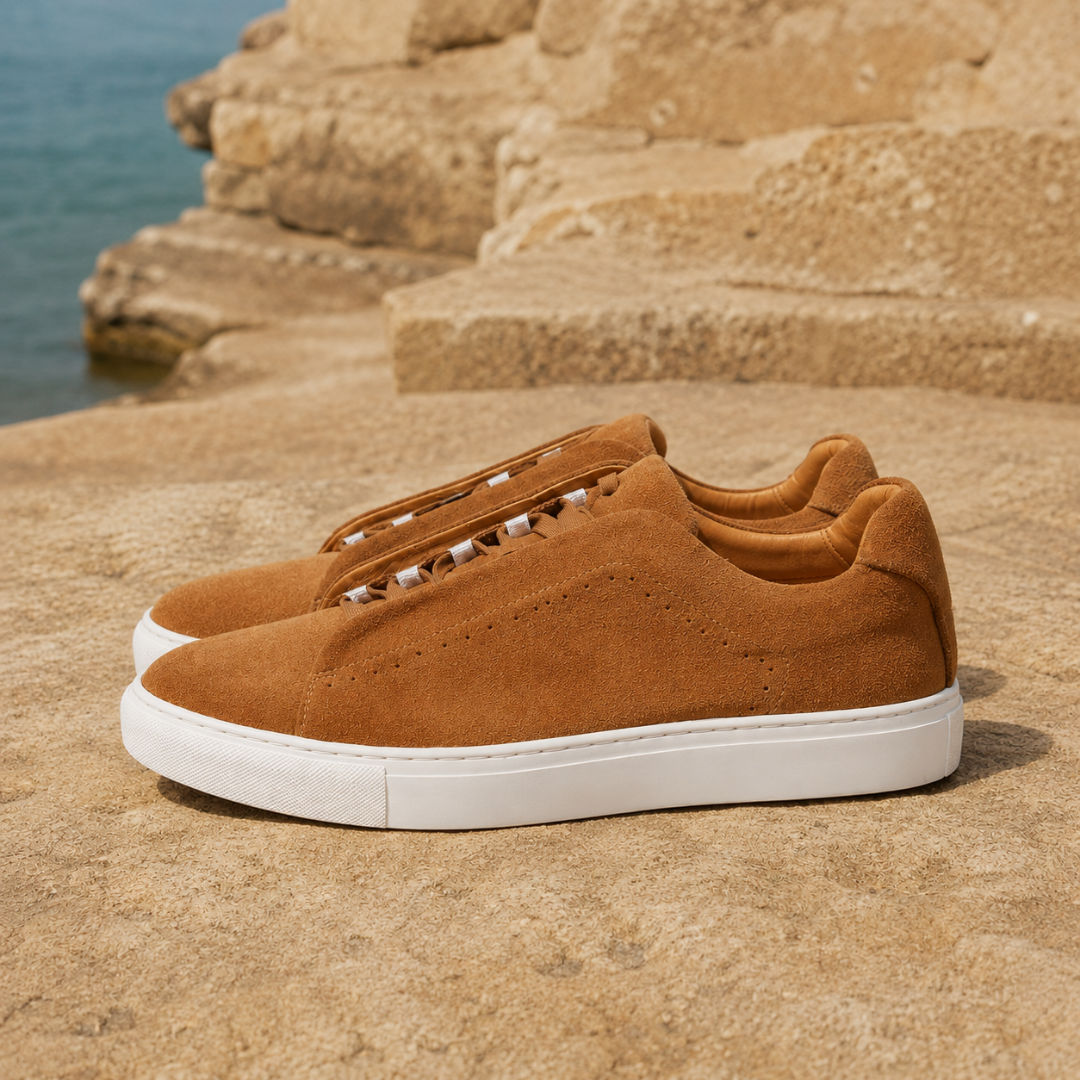Profilo laterale delle sneakers basse marrone chiaro con bordo imbottito alla caviglia