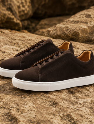 Sneakers basse uomo marrone scuro effetto camoscio con lacci in tinta e suola bianca