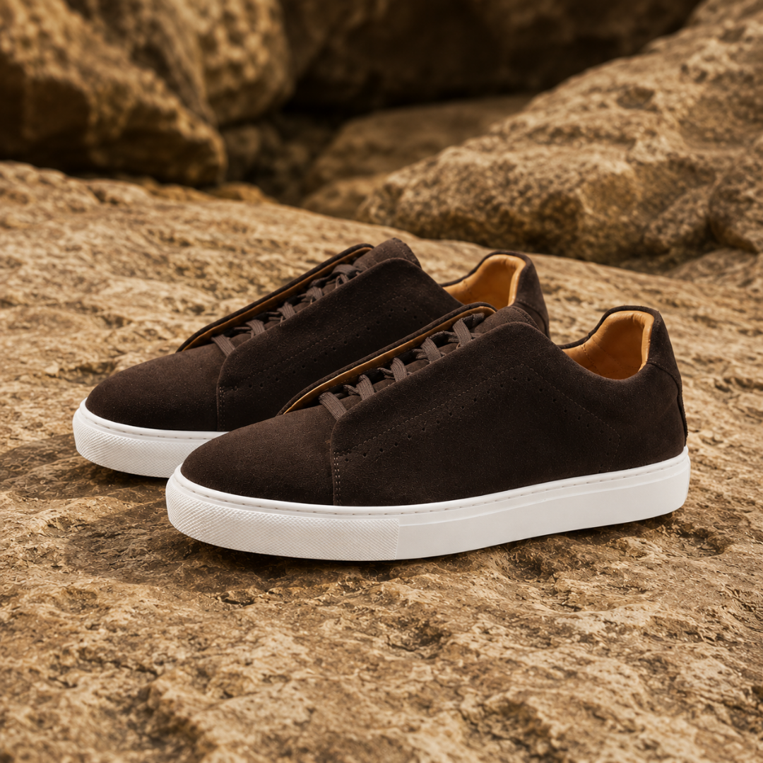 Sneakers basse uomo marrone scuro effetto camoscio con lacci in tinta e suola bianca