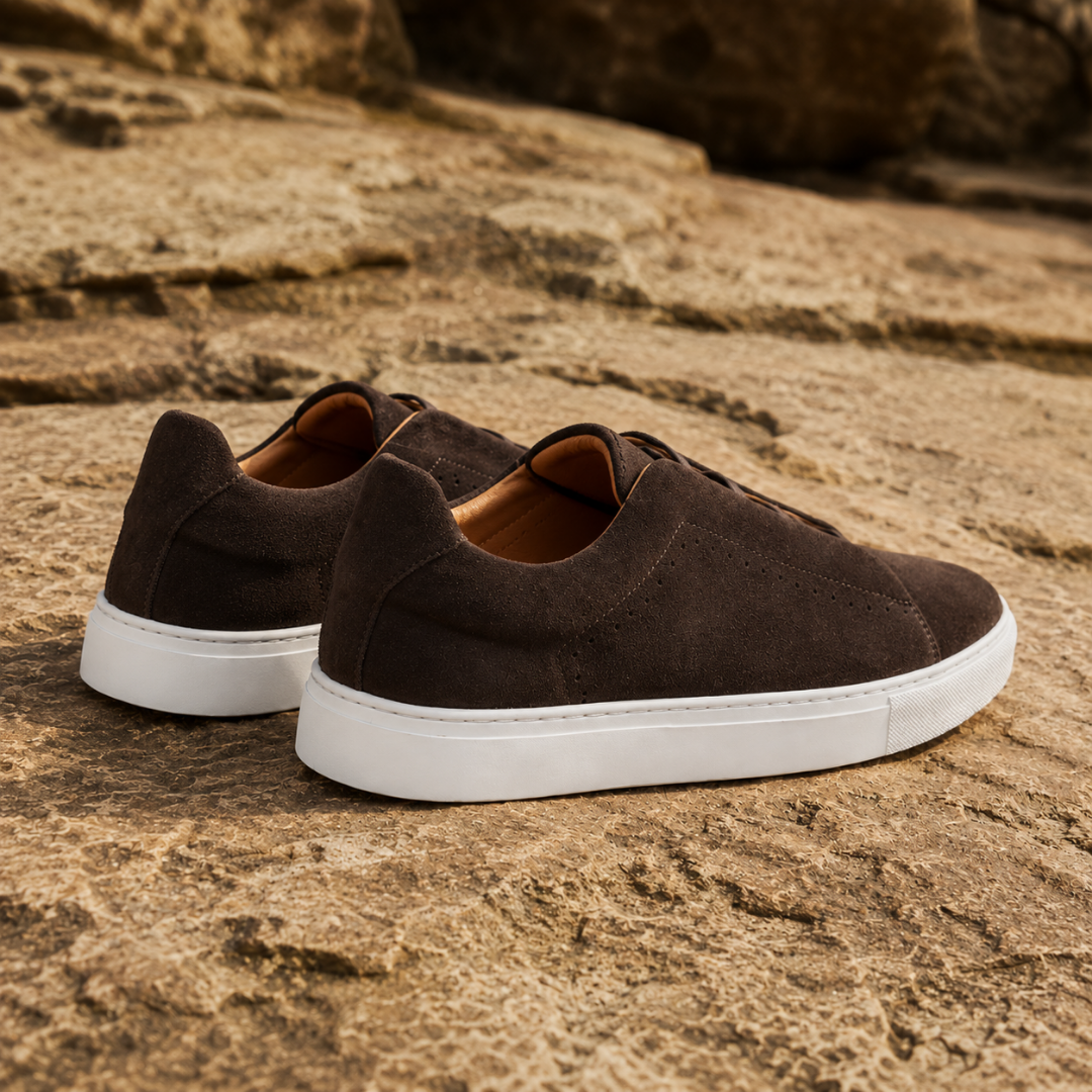 Retro delle sneakers uomo marrone scuro con interno chiaro e suola bianca a contrasto