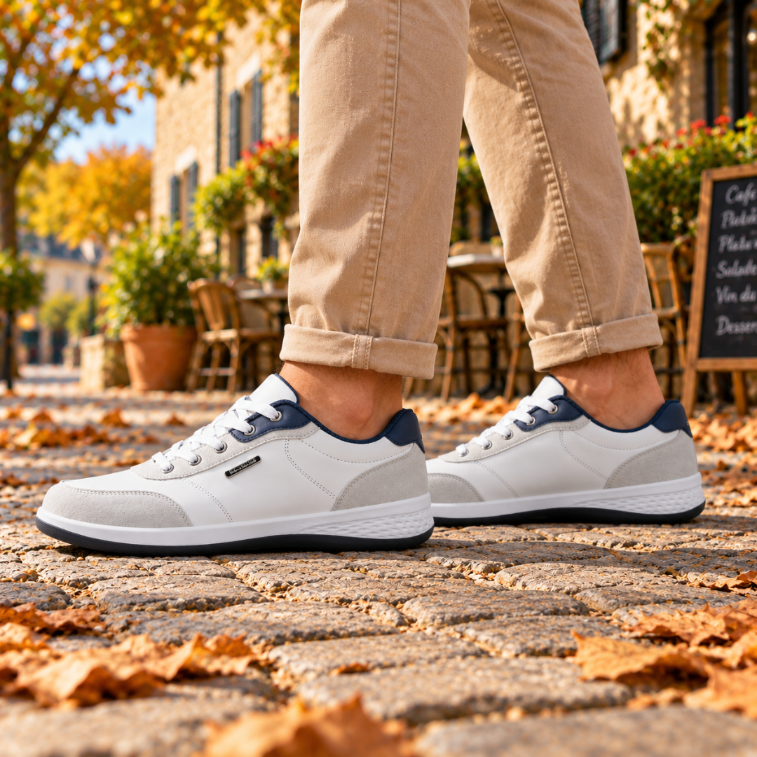 Sneakers uomo bianche di lato con inserti chiari e bordo suola scuro