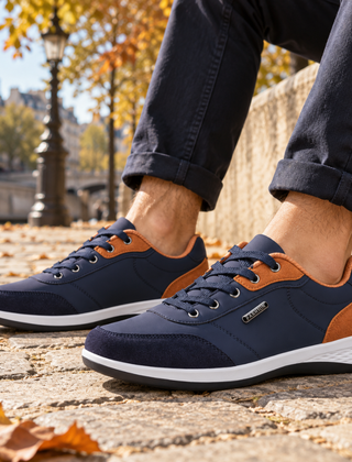 Sneakers uomo blu navy con dettagli cognac, lacci blu e suola bianca
