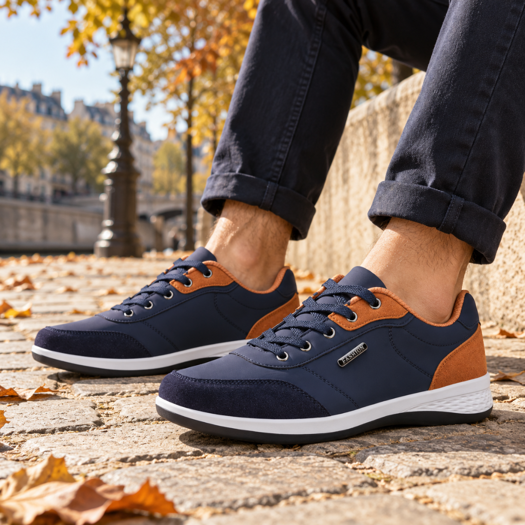 Sneakers uomo blu navy con dettagli cognac, lacci blu e suola bianca