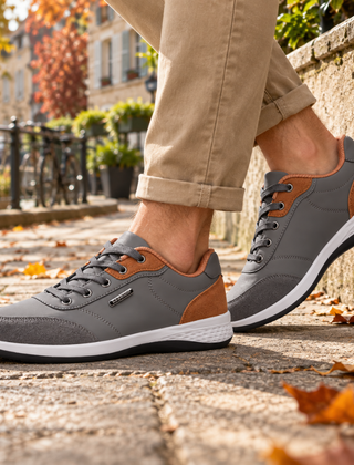 Sneakers uomo grigie con inserti cognac a contrasto e suola bianca
