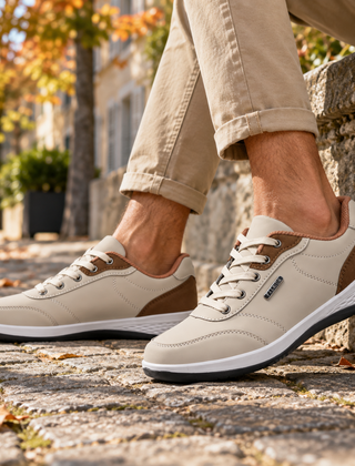 Sneakers uomo kaki con inserti marroni al tallone e lacci chiari