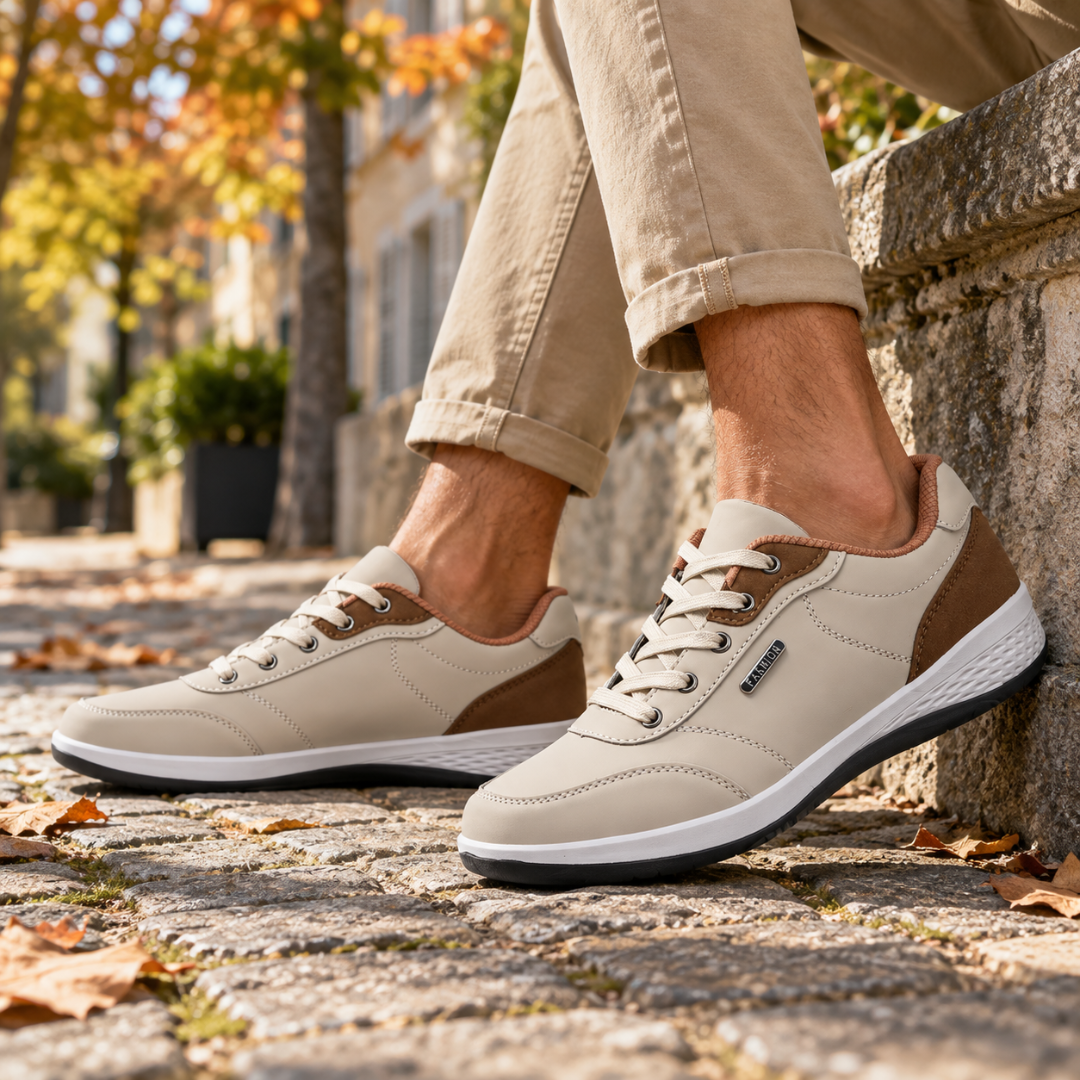 Sneakers uomo kaki con inserti marroni al tallone e lacci chiari