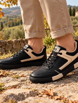 Sneakers uomo nere con inserti beige a contrasto e tasselli chiari sulla suola