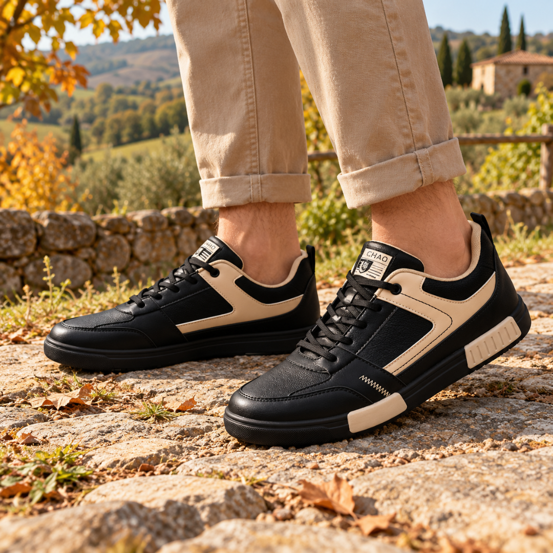 Sneakers uomo nere con inserti beige a contrasto e tasselli chiari sulla suola