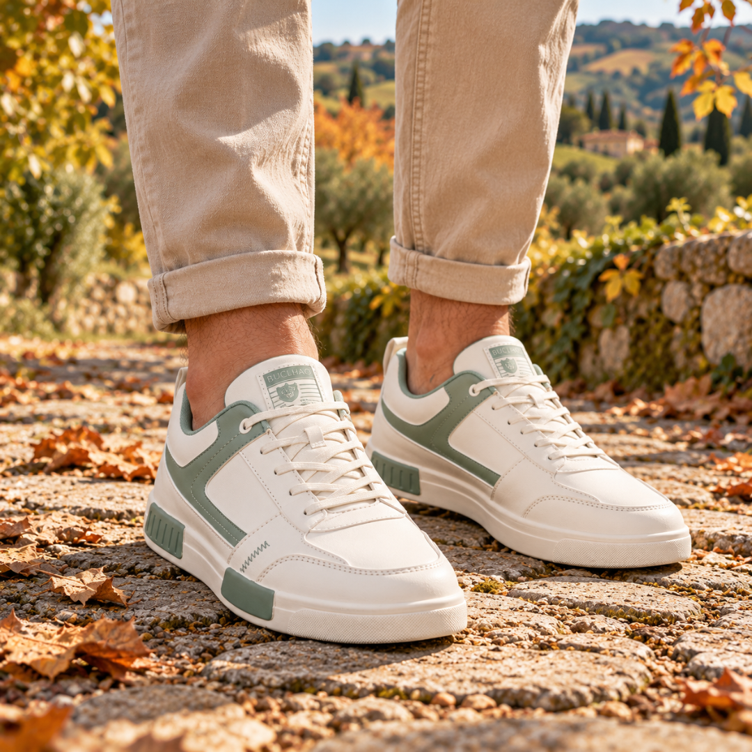 Sneakers uomo bianche e verdi con inserti laterali a contrasto e lacci chiari
