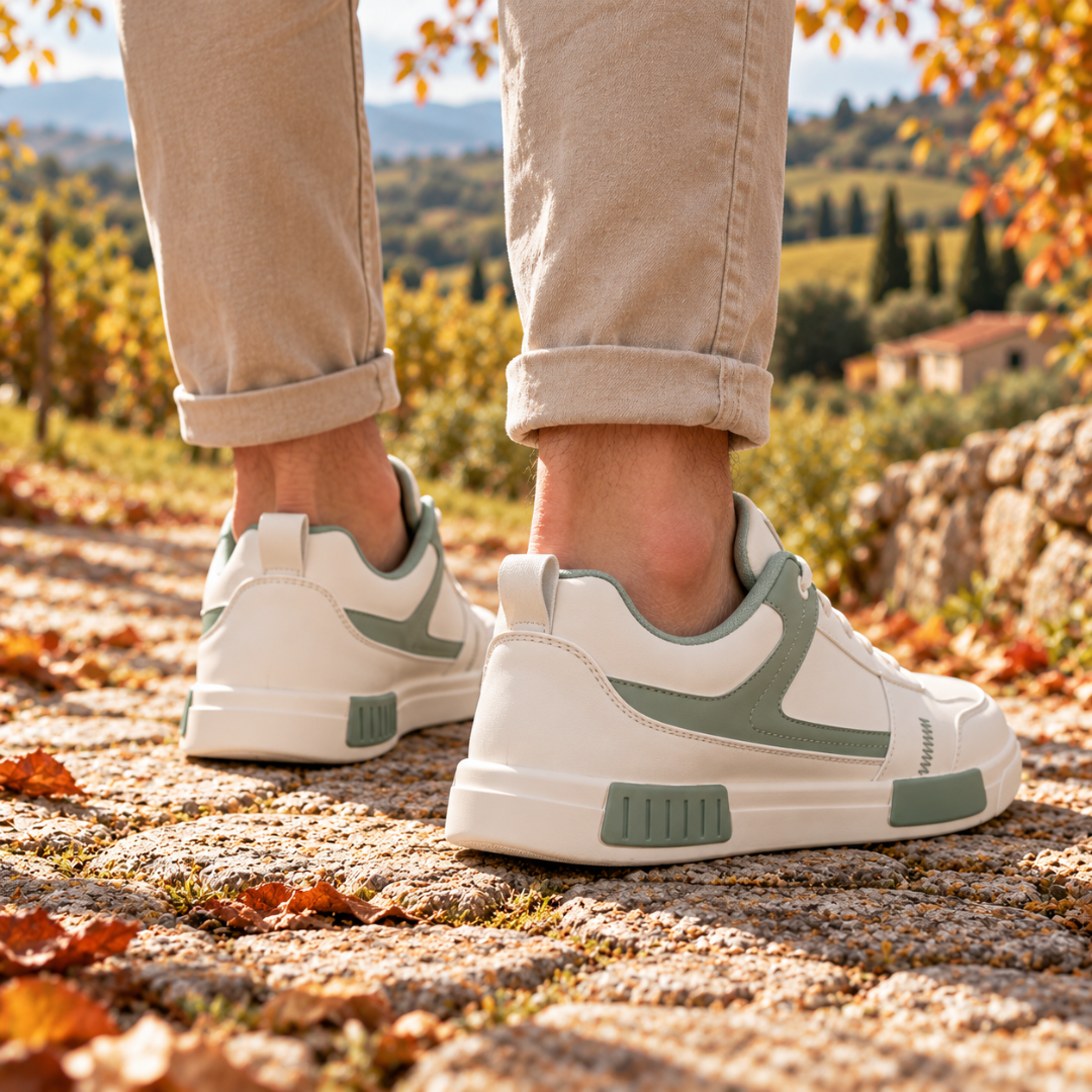 Vista posteriore delle sneakers uomo verdi con tasselli a contrasto sulla suola rialzata