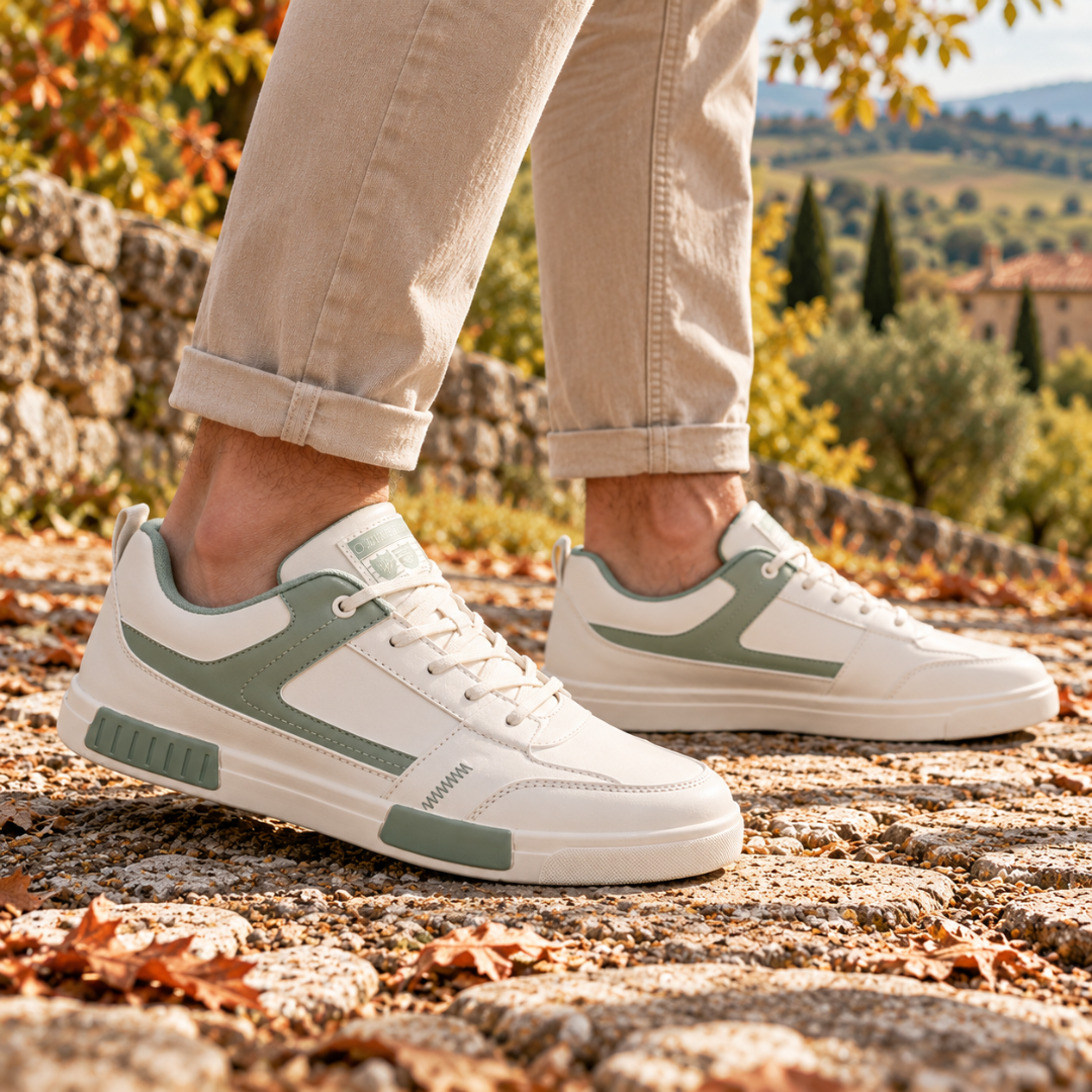 Sneakers uomo verdi con linguetta posteriore a contrasto ed etichetta applicata sul collo