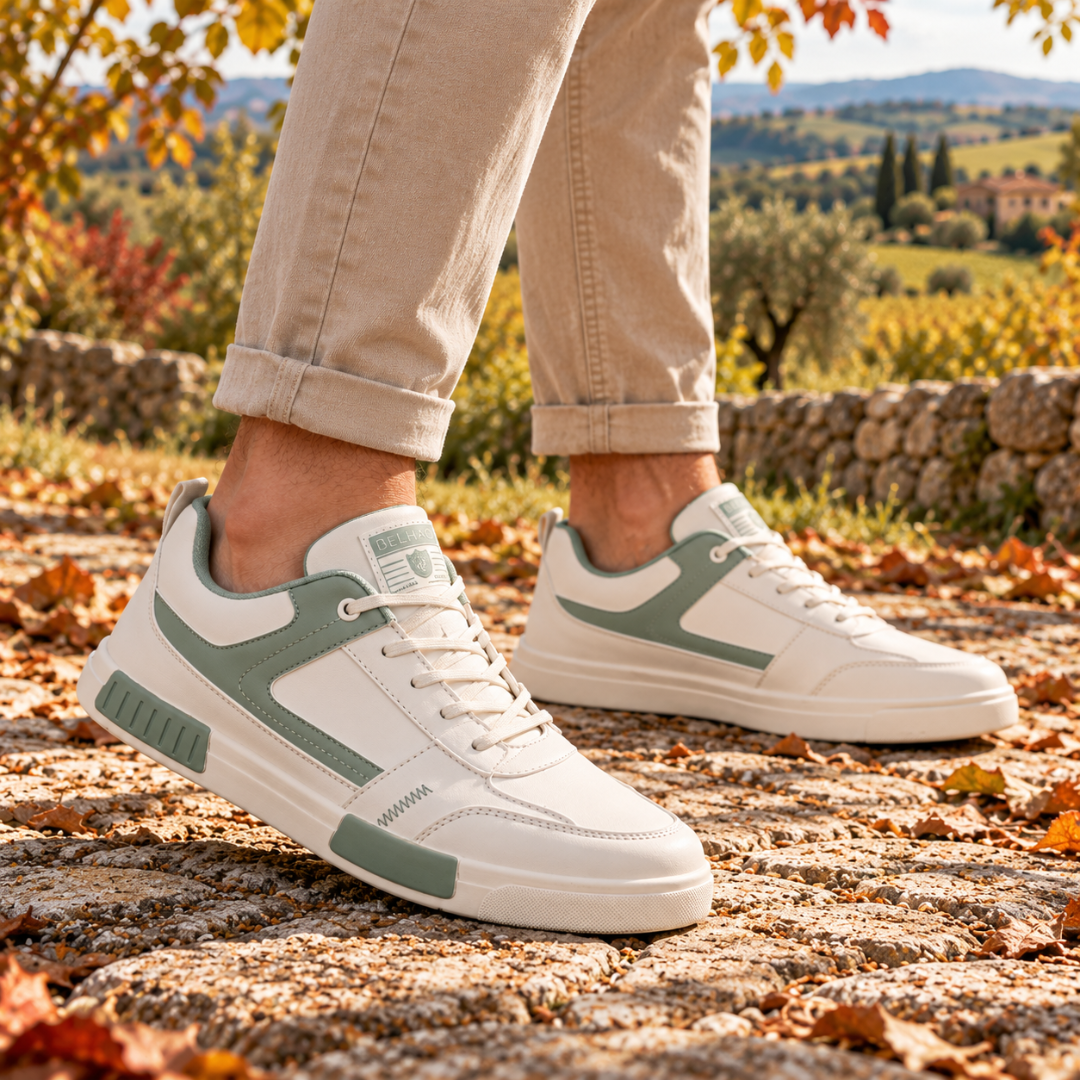 Sneakers basse uomo verdi con punta tonda e banda laterale a contrasto