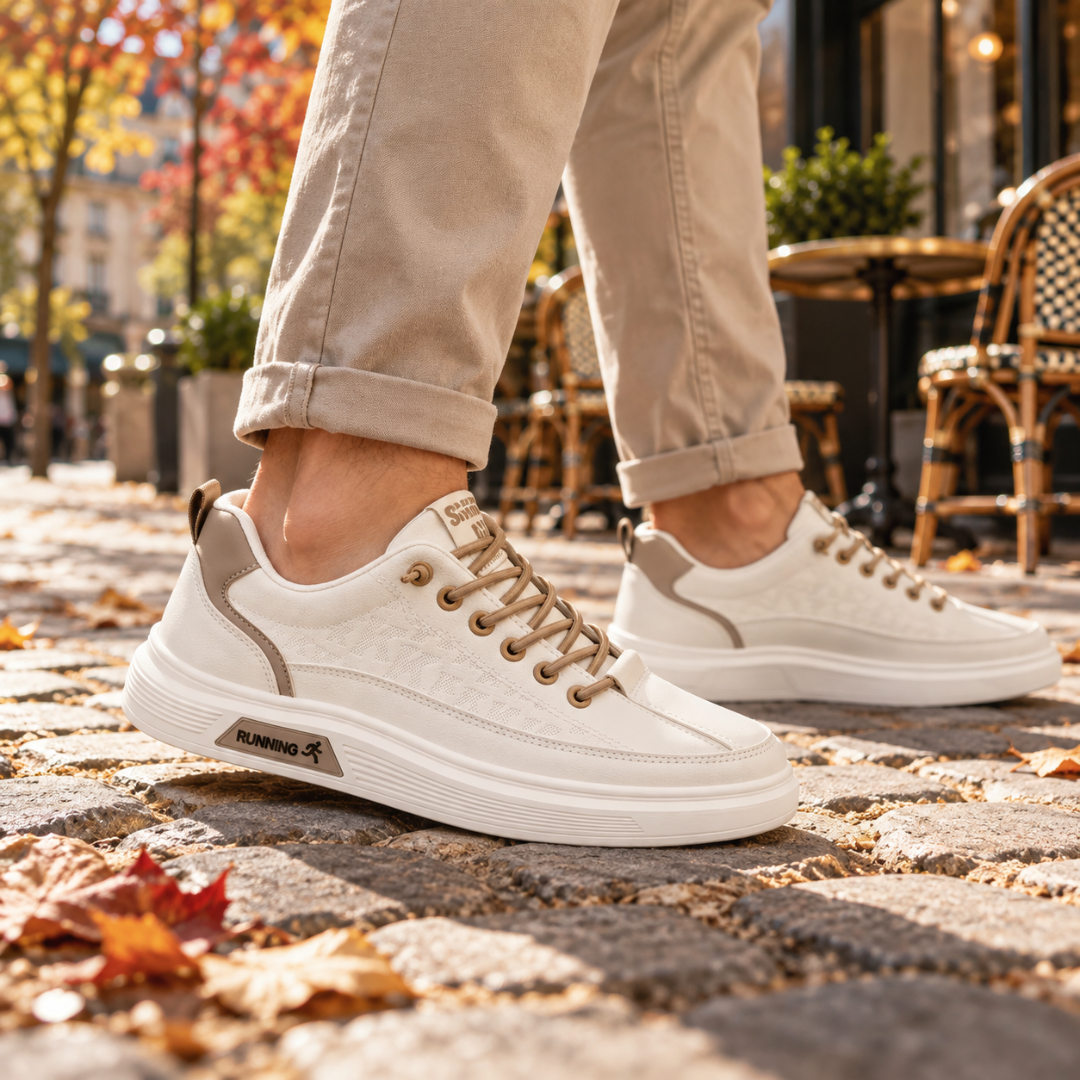 Sneakers uomo beige con inserti sul tallone, lacci chiari e suola spessa