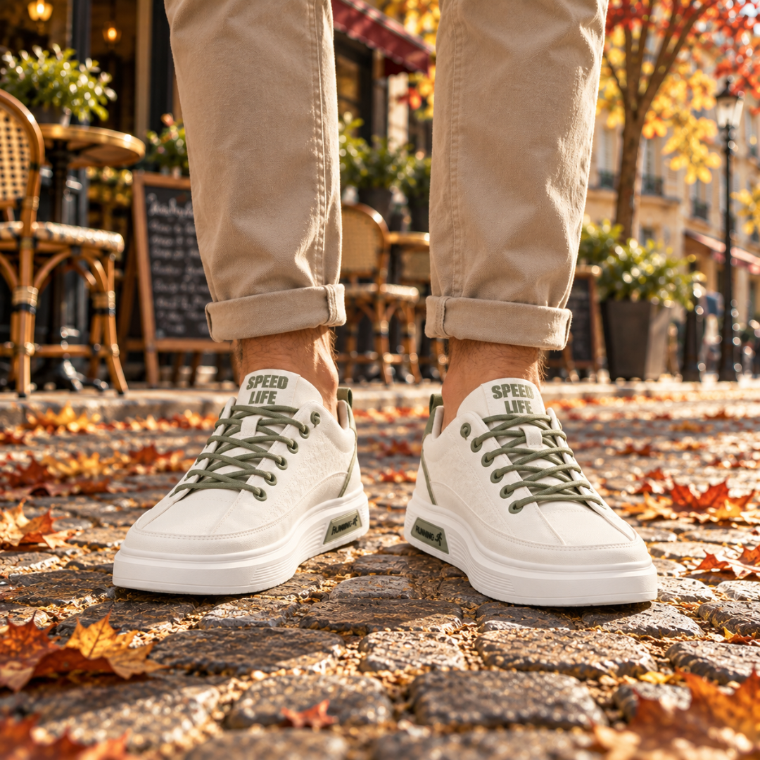 Sneakers uomo verde chiaro indossate, lacci tono su tono e suola spessa chiara