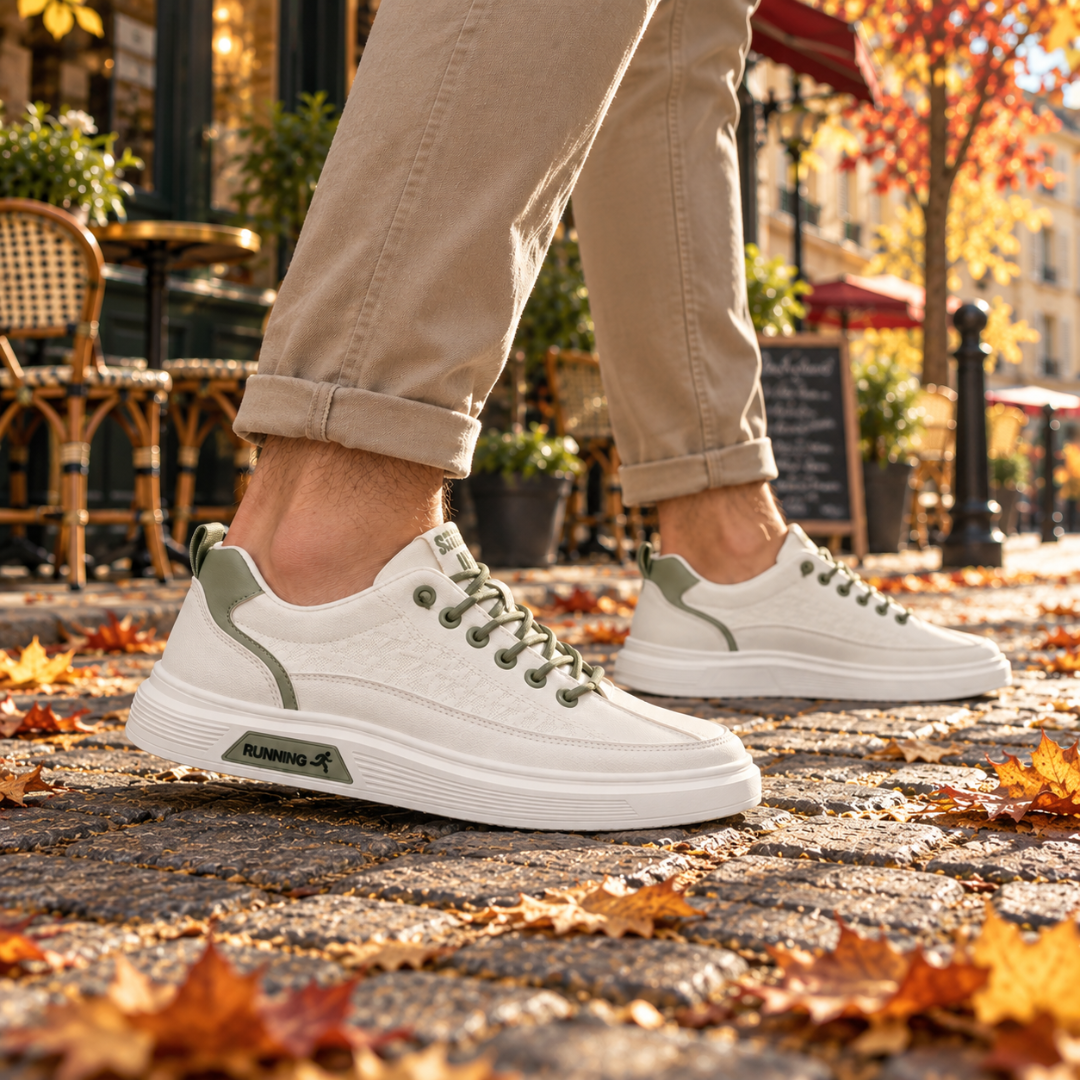 Sneakers uomo verde chiaro di lato con logo stampato sulla suola spessa
